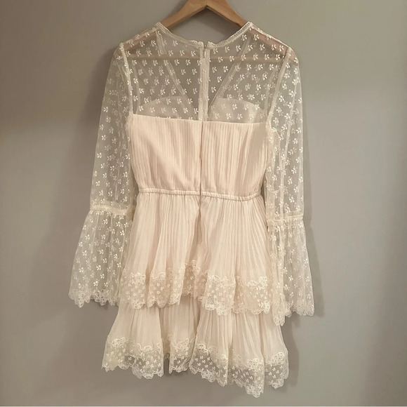 NEW Self-Portrait Chiffon Lace Tiered Mini Dress White Ivory | size UK 8 / US 4 - Picture 11 of 16